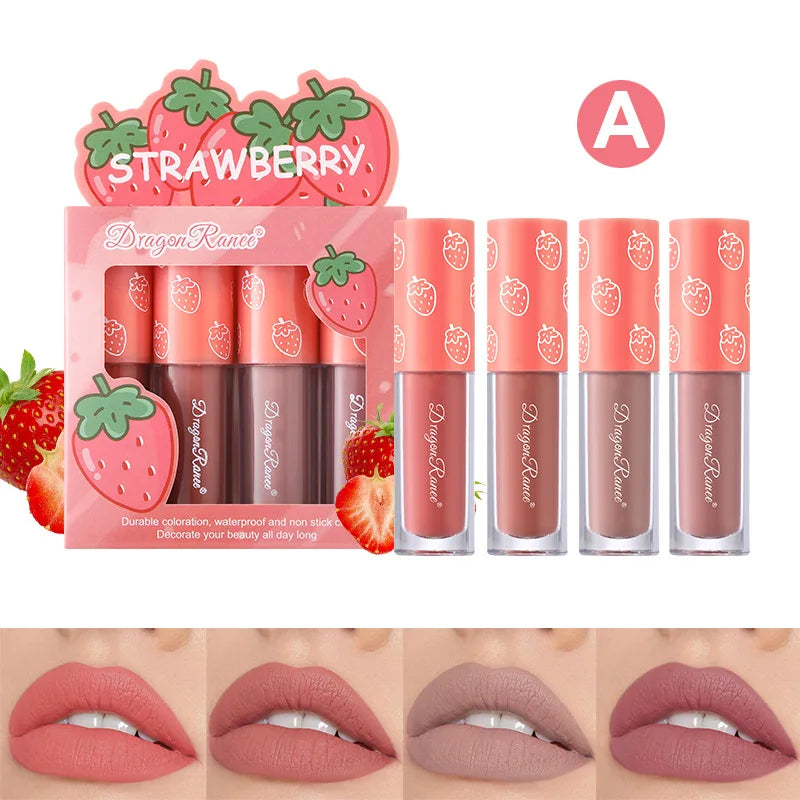 Conjunto de Mini Gloss Labial matte aveludado 4 peças Não desbota, Batom com aroma de frutas