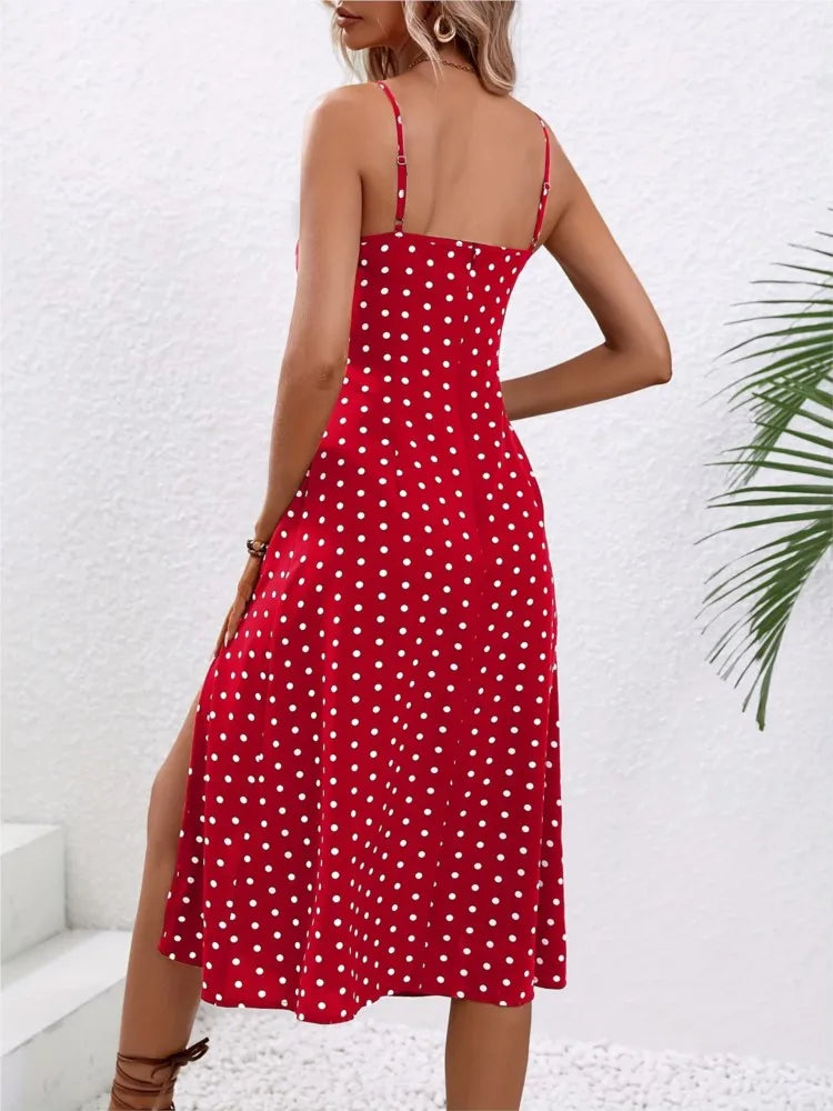 Vestido de Verão Com Alças Finas e Estampa de Bolinhas
