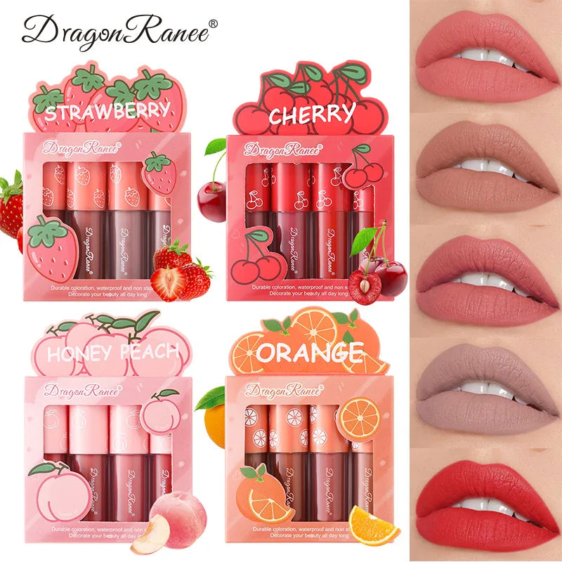 Conjunto de Mini Gloss Labial matte aveludado 4 peças Não desbota, Batom com aroma de frutas