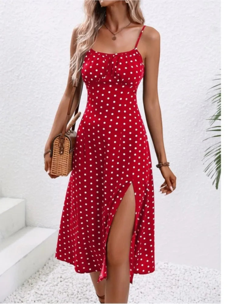 Vestido de Verão Com Alças Finas e Estampa de Bolinhas