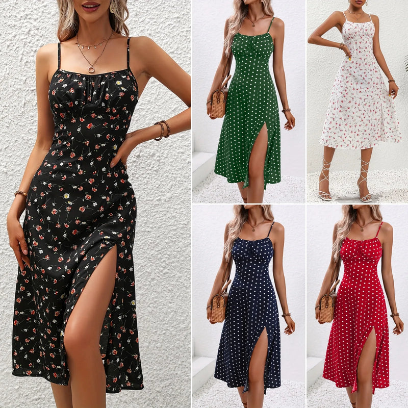 Vestido de Verão Com Alças Finas e Estampa de Bolinhas