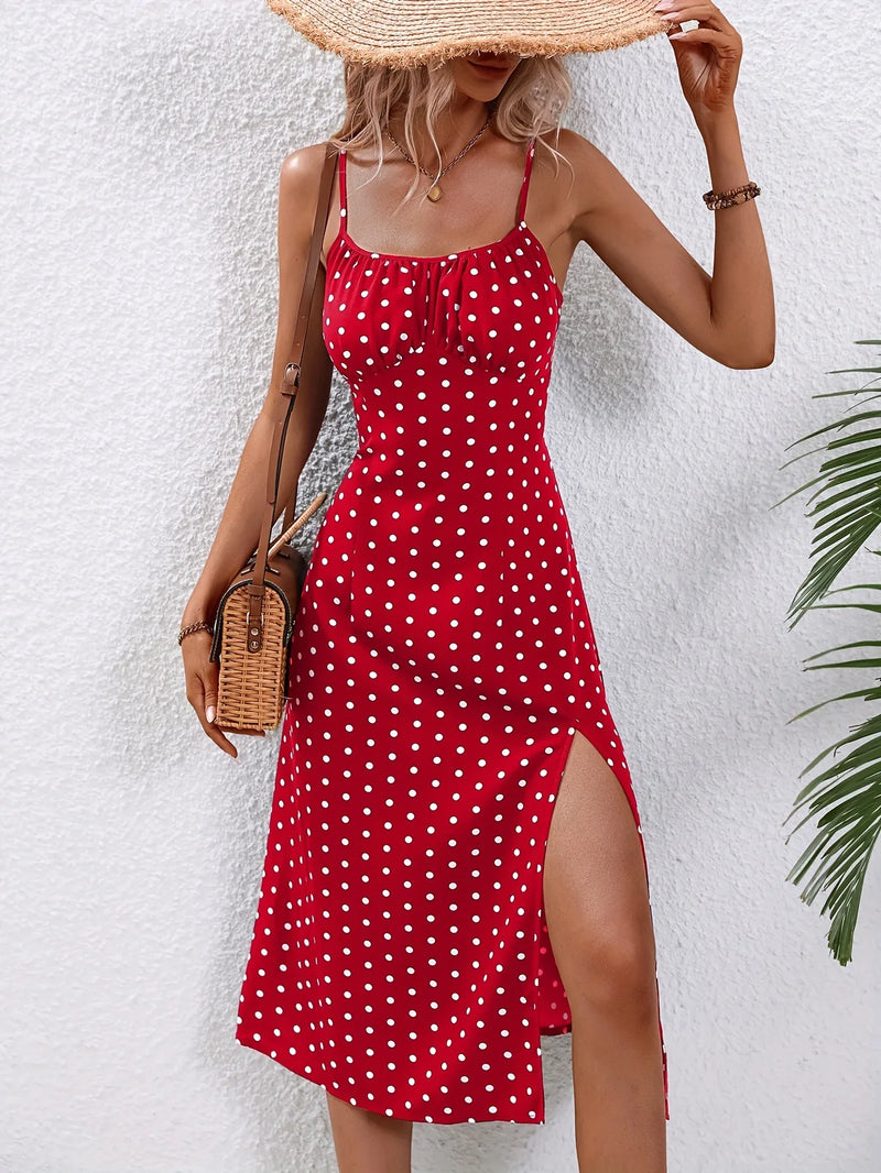 Vestido de Verão Com Alças Finas e Estampa de Bolinhas