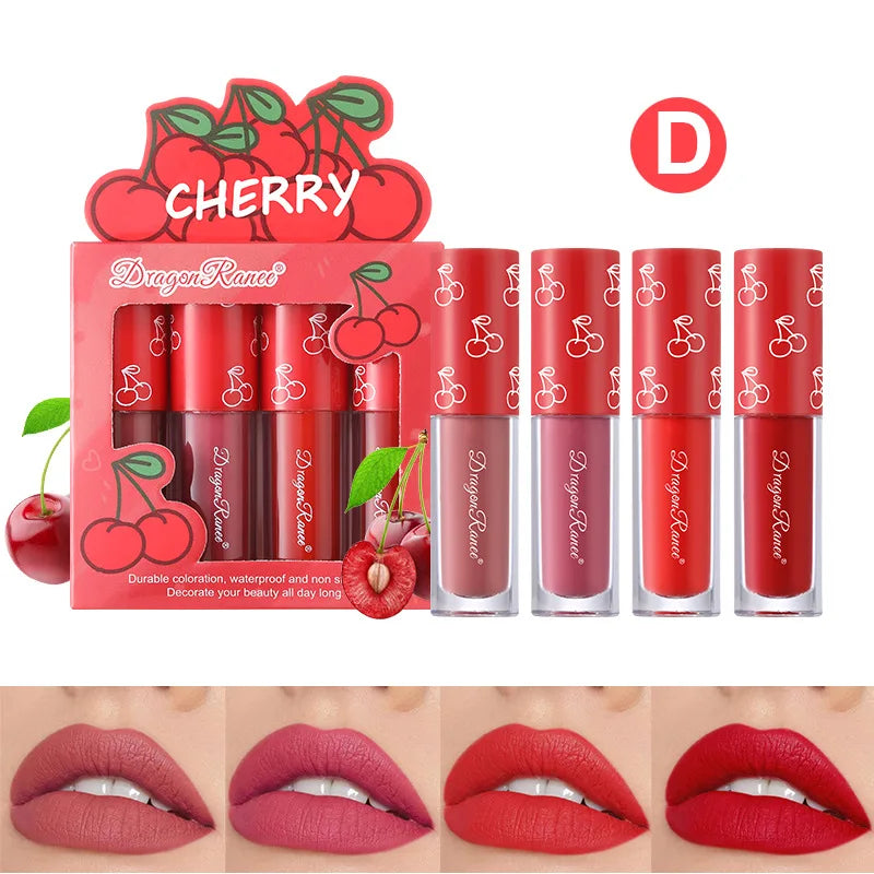 Conjunto de Mini Gloss Labial matte aveludado 4 peças Não desbota, Batom com aroma de frutas