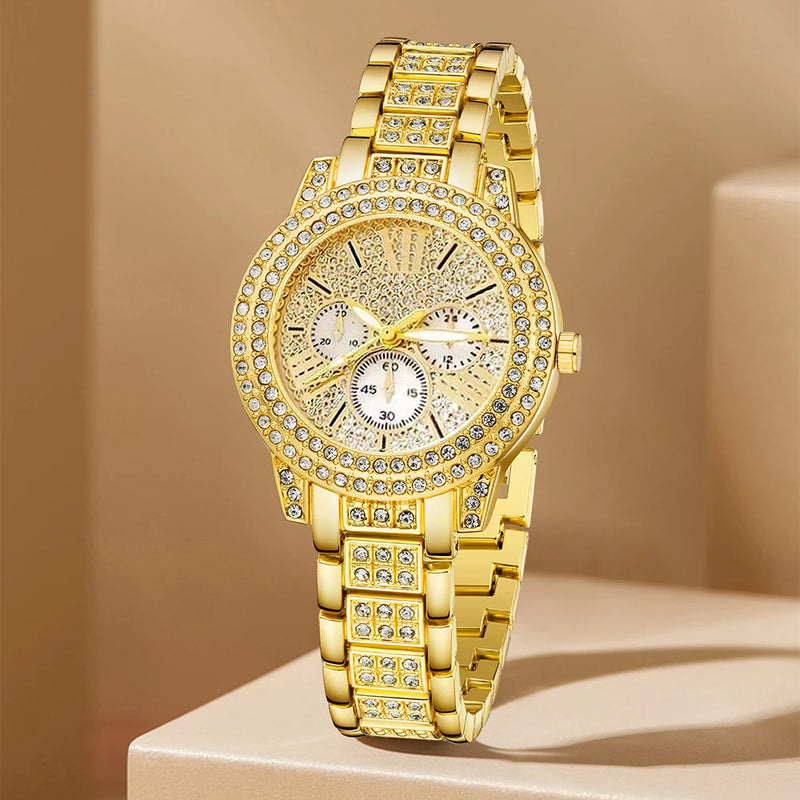 Relógio Feminino Dourado, Acompanha Colar com Anel e Brincos