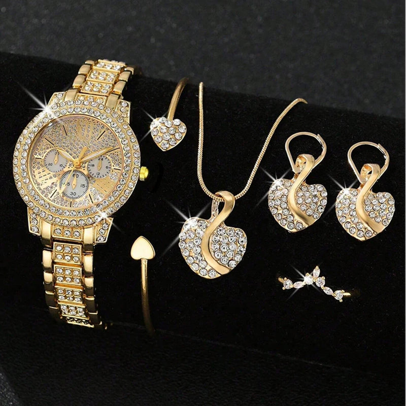 Relógio Feminino Dourado, Acompanha Colar com Anel e Brincos