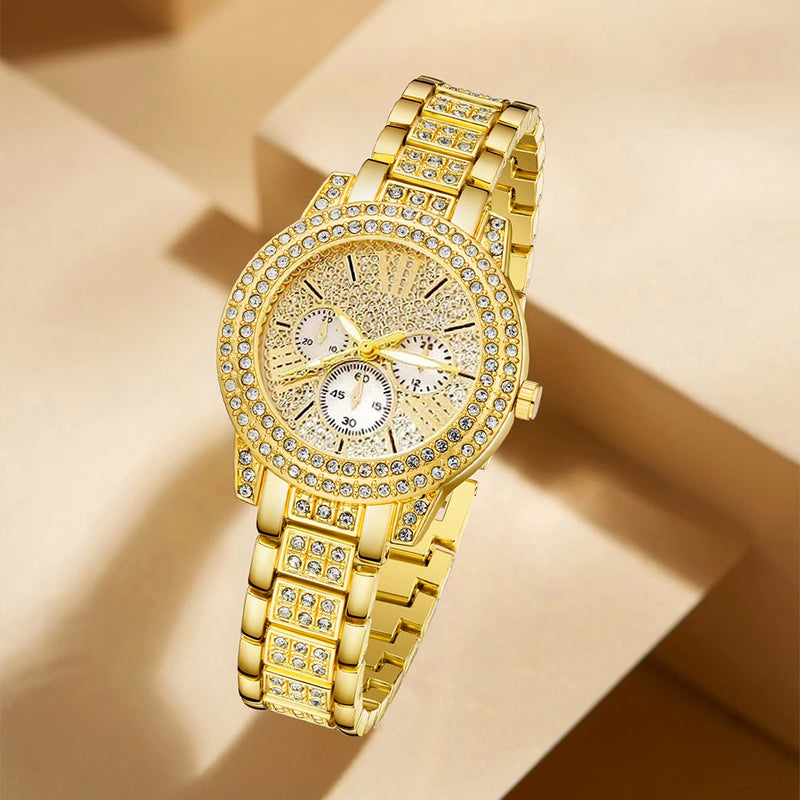 Relógio Feminino Dourado, Acompanha Colar com Anel e Brincos