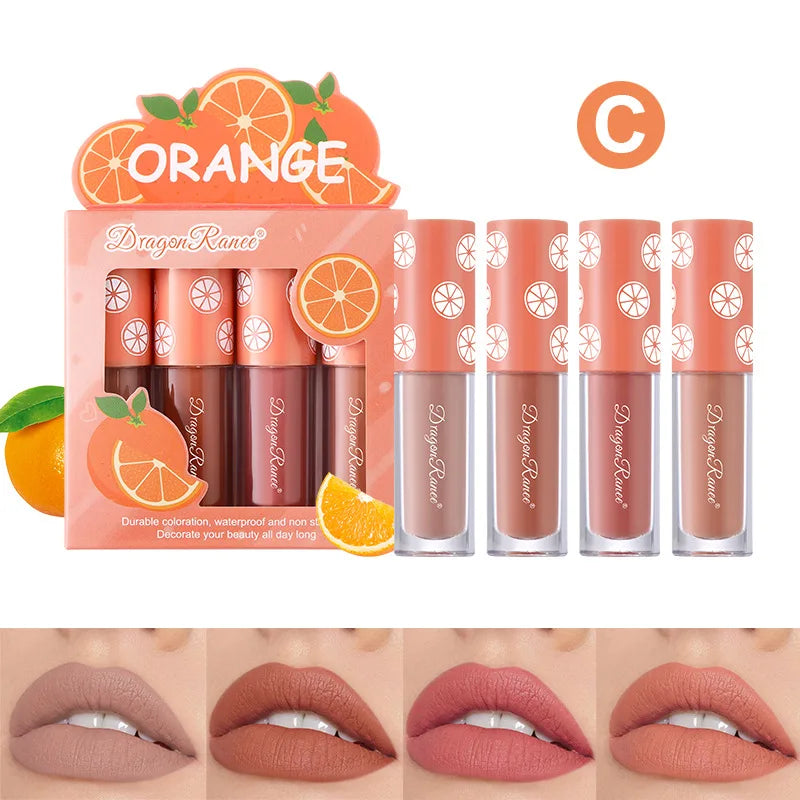 Conjunto de Mini Gloss Labial matte aveludado 4 peças Não desbota, Batom com aroma de frutas