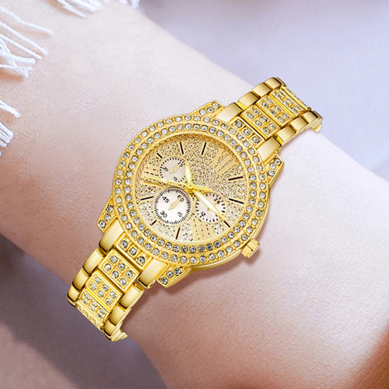 Relógio Feminino Dourado, Acompanha Colar com Anel e Brincos