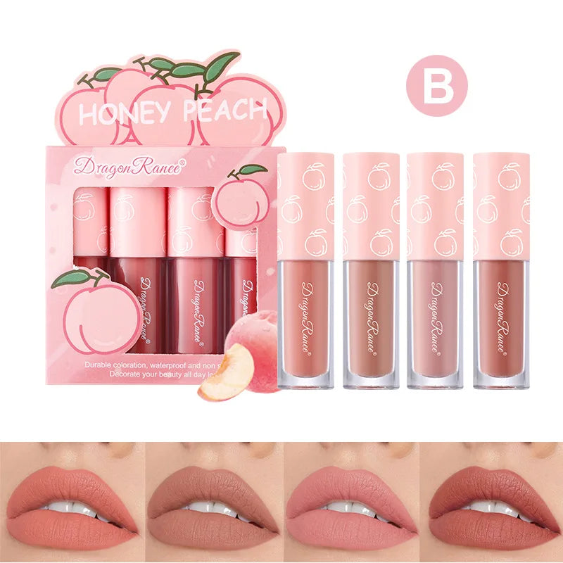 Conjunto de Mini Gloss Labial matte aveludado 4 peças Não desbota, Batom com aroma de frutas