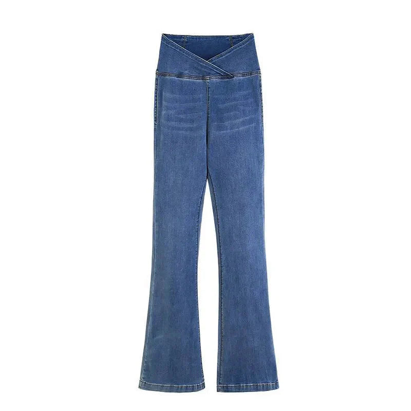 Calça Feminina Jeans de Cintura Alta Cruzada